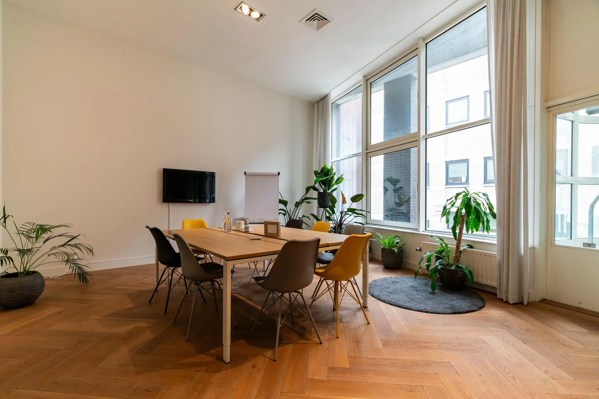 Vergaderruimte aan de Lange Vijverberg met houten vloer, grote ramen, kleurrijke stoelen en veel groen­planten.